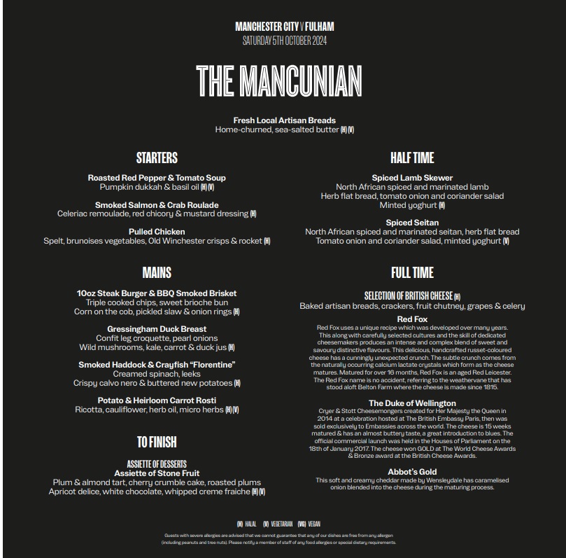 The Mancunian Hospitality at Manchester City Sample Food Menu